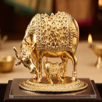 Kamdhenu Cow & Calf Idol – Gold Sacred Cow Statue for Home
