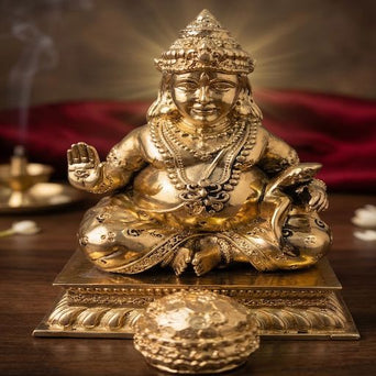 Gold Plated Brass Lord Kubera Idol – God of Wealth Statue for Home Temple, Vastu Prosperity Decor & Luxury Spiritual Gift