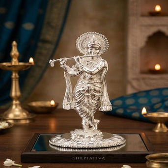 Silver Plated Lord Krishna Idol Playing Flute – Premium Radha Krishna Spiritual Statue for Home Temple & Luxury Decor