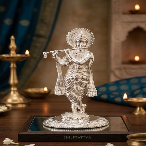 Silver Plated Lord Krishna Idol Playing Flute – Premium Radha Krishna Spiritual Statue for Home Temple & Luxury Decor