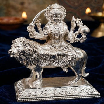 Silver Plated Maa Durga Idol on Lion – Luxury Durga Mata Statue for Home Temple, Navratri Pooja & Vastu Decor