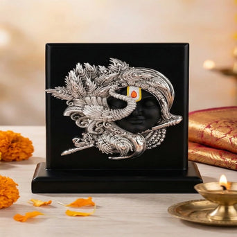 Premium Silver-Plated Lord Krishna Face Standy – Luxury Handcrafted Krishna Idol for Table Décor, Office & Spiritual Gifting