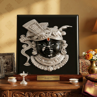 Shrinath Ji Divine Face Standy – Premium Silver-Plated Luxury Krishna Mukharvind Table Décor | Handcrafted Spiritual Masterpiece by Shilptattva