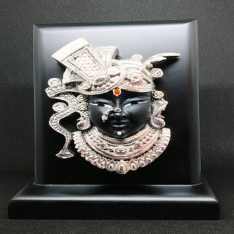 Shrinath Ji Divine Face Standy – Premium Silver-Plated Luxury Krishna Mukharvind Table Décor | Handcrafted Spiritual Masterpiece by Shilptattva