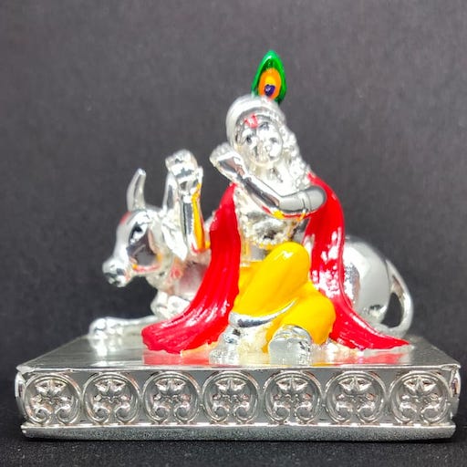 Krishna with Cow – Silver Plated Lord Krishna Murti | Flute Krishna Statue | Spiritual Gift Decor