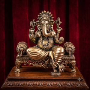 Brass Lord Ganesha Idol on Royal Throne | Seated Vinayaka Statue | Remover of Obstacles | Spiritual Home Decor